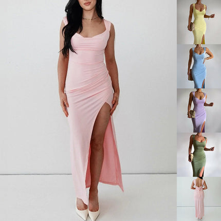 Slim Sleeveless Slit Dress With Back Tie Design Fashion Temperament