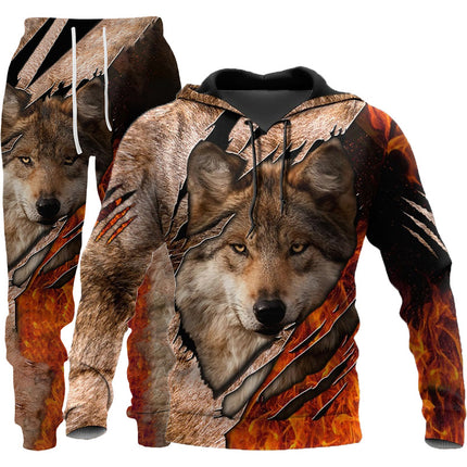 Sportswear Hooded Sweatsuit Two Piece 3D Wolf Print Tracksuit Men