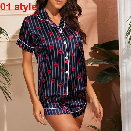 Summer Pajams Print V-Neck Stretch Lingerie Female Sleepwear