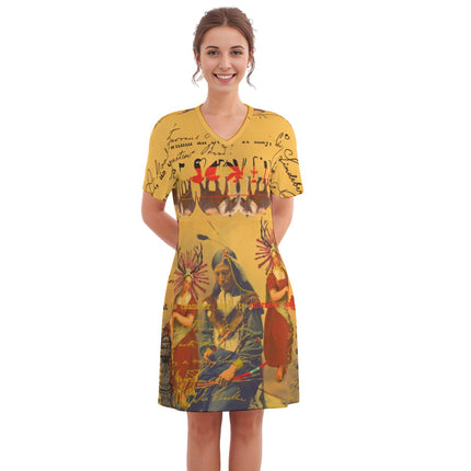 THE OLD PHOTO I All Over Print Cotton V Neck Tee Dress