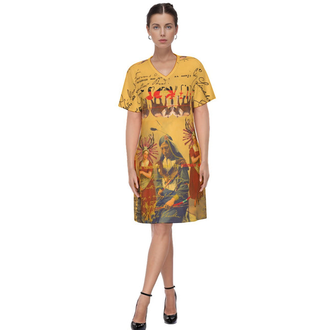 THE OLD PHOTO I All Over Print Cotton V Neck Tee Dress