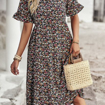 Boho Floral Ruffle Hem V Neck Short Sleeve Dress