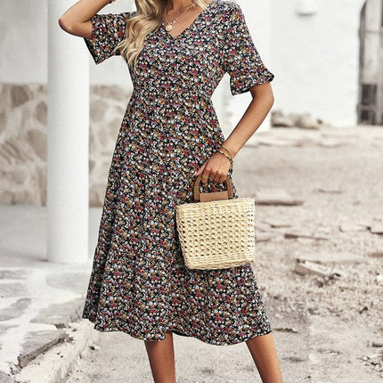 Boho Floral Ruffle Hem V Neck Short Sleeve Dress