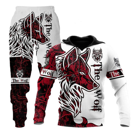 Sportswear Hooded Sweatsuit Two Piece 3D Wolf Print Tracksuit Men