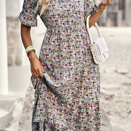 Boho Floral Ruffle Hem V Neck Short Sleeve Dress