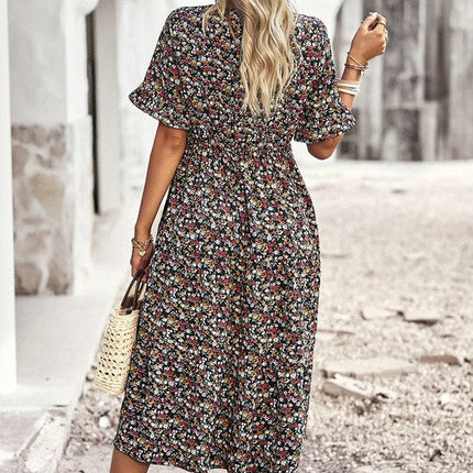 Boho Floral Ruffle Hem V Neck Short Sleeve Dress