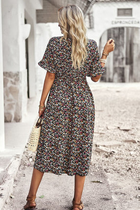 Boho Floral Ruffle Hem V Neck Short Sleeve Dress