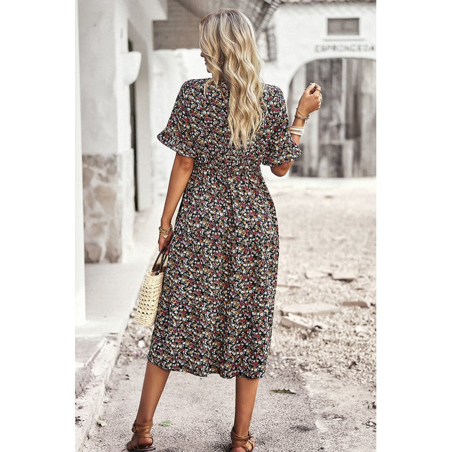 Boho Floral Ruffle Hem V Neck Short Sleeve Dress