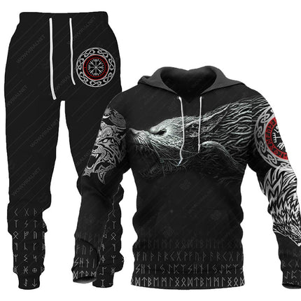 Sportswear Hooded Sweatsuit Two Piece 3D Wolf Print Tracksuit Men