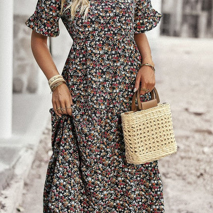 Boho Floral Ruffle Hem V Neck Short Sleeve Dress