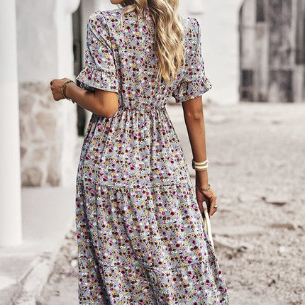 Boho Floral Ruffle Hem V Neck Short Sleeve Dress