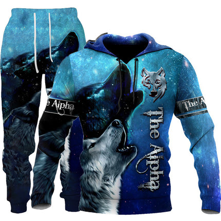 Sportswear Hooded Sweatsuit Two Piece 3D Wolf Print Tracksuit Men