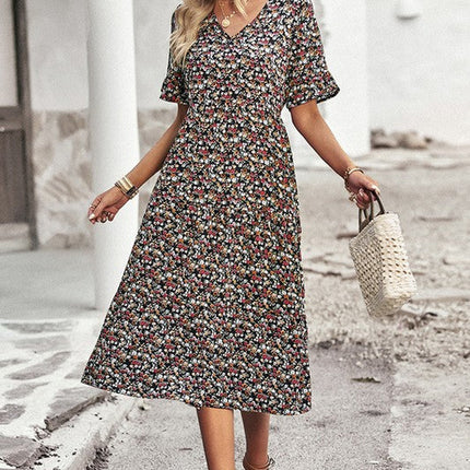 Boho Floral Ruffle Hem V Neck Short Sleeve Dress