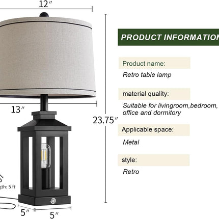 Retro Black Table Lamps Touch Control, USB, Vintage Set