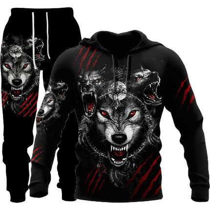 Sportswear Hooded Sweatsuit Two Piece 3D Wolf Print Tracksuit Men