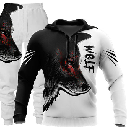 Sportswear Hooded Sweatsuit Two Piece 3D Wolf Print Tracksuit Men