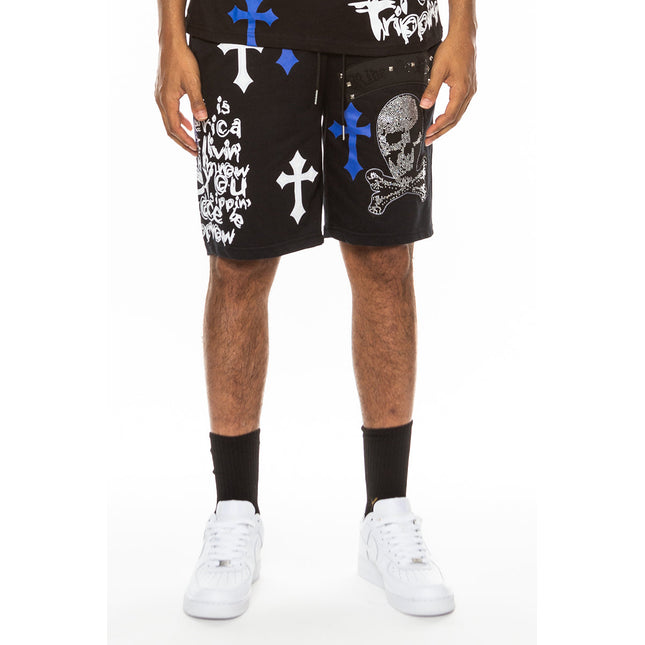 Bejewelled Chrome Skull Shorts EMS4107