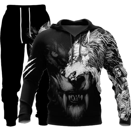 Sportswear Hooded Sweatsuit Two Piece 3D Wolf Print Tracksuit Men