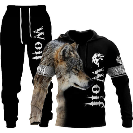 Sportswear Hooded Sweatsuit Two Piece 3D Wolf Print Tracksuit Men