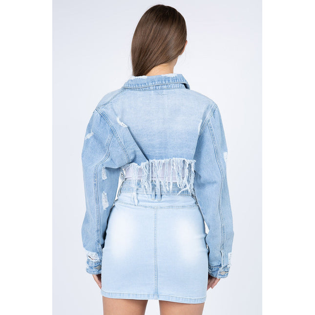 American Bazi Distressed Denim Jacket with Frayed Hem