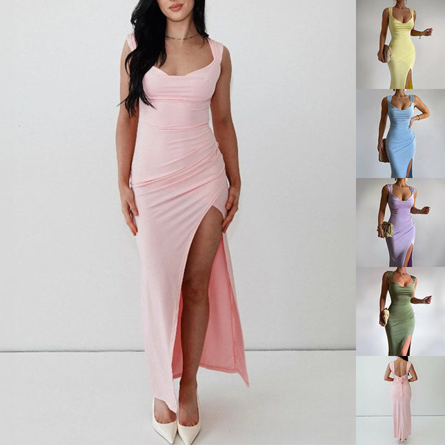 Slim Sleeveless Slit Dress With Back Tie Design Fashion Temperament