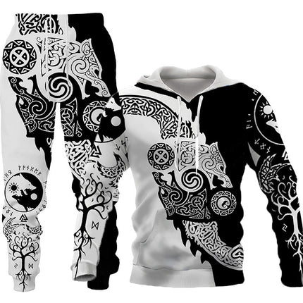 Sportswear Hooded Sweatsuit Two Piece 3D Wolf Print Tracksuit Men