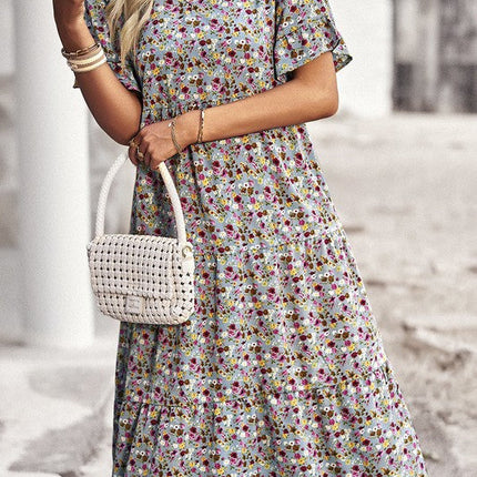 Boho Floral Ruffle Hem V Neck Short Sleeve Dress
