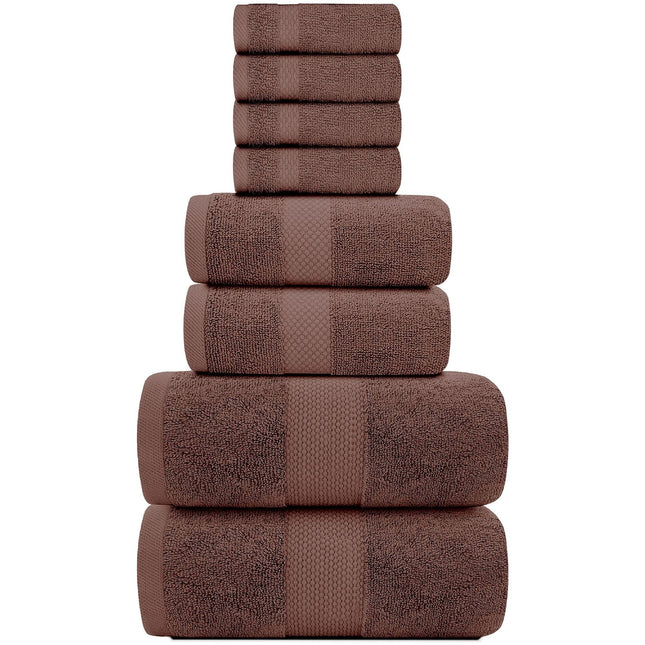 Luxury Brown Bath Towel 8 Piece Set Combed Cotton Hotel Quality