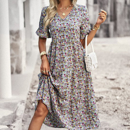 Boho Floral Ruffle Hem V Neck Short Sleeve Dress