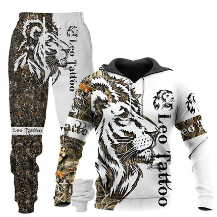 Sportswear Hooded Sweatsuit Two Piece 3D Wolf Print Tracksuit Men