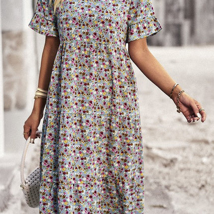 Boho Floral Ruffle Hem V Neck Short Sleeve Dress