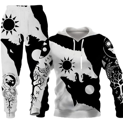 Sportswear Hooded Sweatsuit Two Piece 3D Wolf Print Tracksuit Men