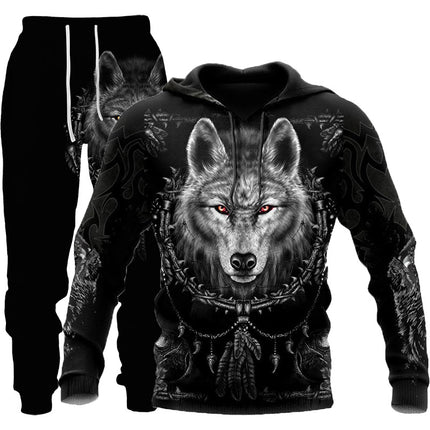 Sportswear Hooded Sweatsuit Two Piece 3D Wolf Print Tracksuit Men