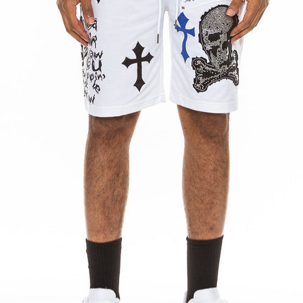 Bejewelled Chrome Skull Shorts EMS4107