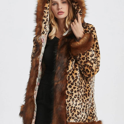 Womens Leopard Print Hooded Faux Fur Collar Jacket