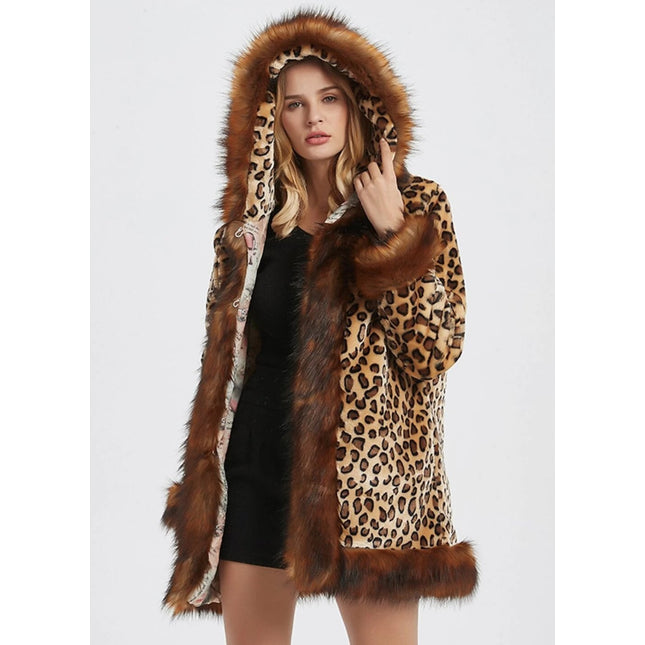Womens Leopard Print Hooded Faux Fur Collar Jacket