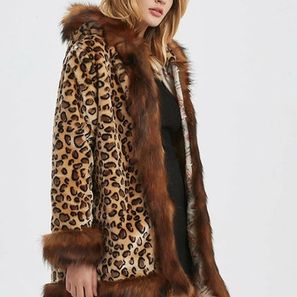 Womens Leopard Print Hooded Faux Fur Collar Jacket