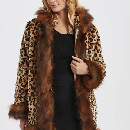 Womens Leopard Print Hooded Faux Fur Collar Jacket